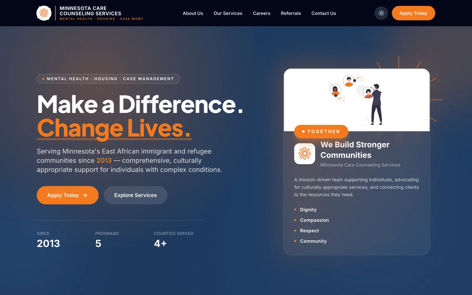 MNCCS portal: “Make a Difference. Change Lives.” hero for Minnesota Care Counseling Services, serving East African communities since 2013.